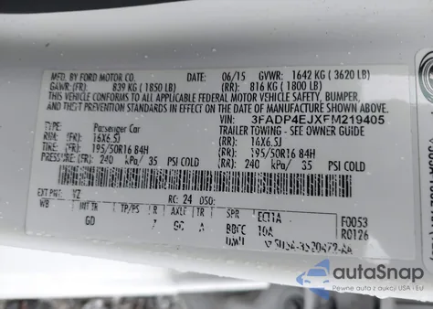 2015 Ford Fiesta Se z USA, uszkodzony, nr VIN 3FADP4EJXFM219405